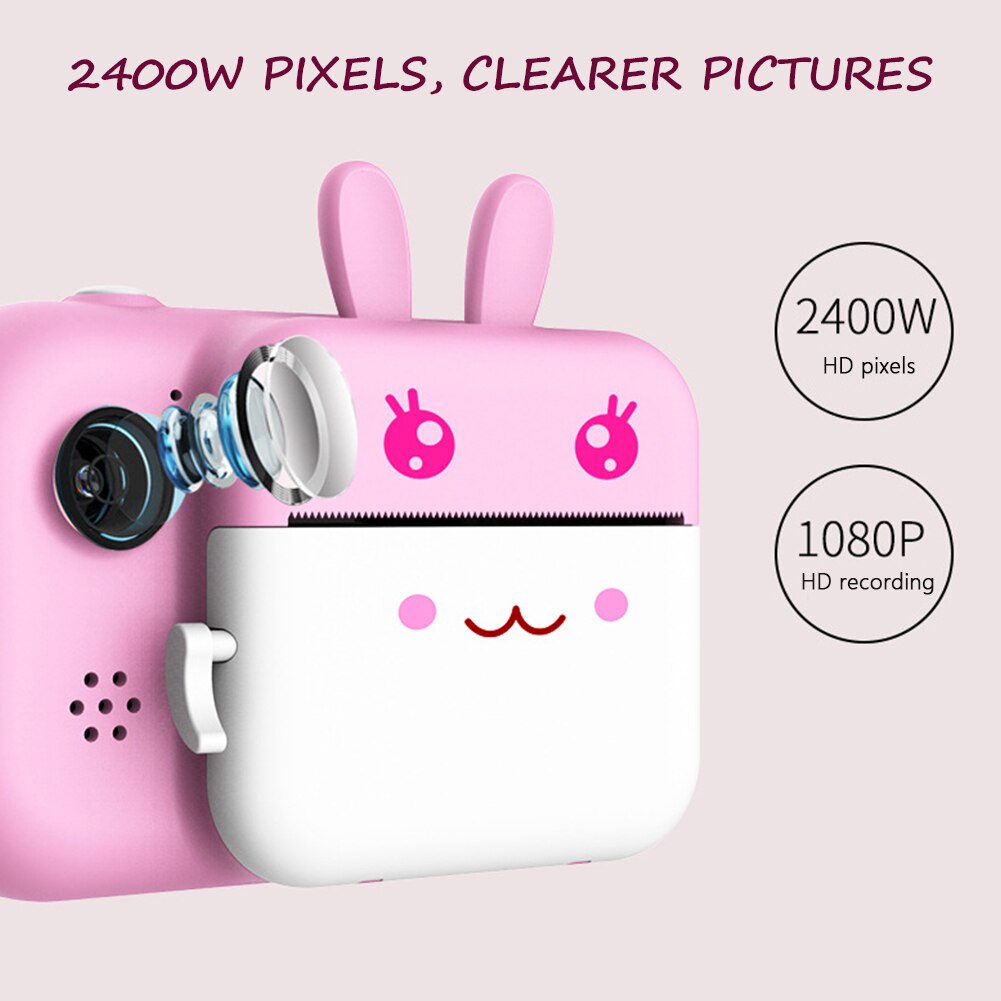 Face Recognition 1080P HD Photo Printer Front Rear Cute Cartoon Photography Kids Camera 2.4inch Large Screen Selfie LCD Display