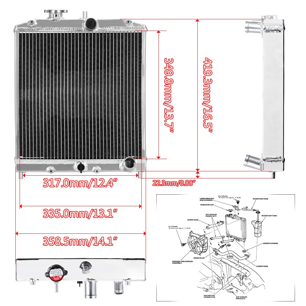 Lzone  - 3 rad 52mm full aluminiumkylare för honda civic  b18c/b16a mt 32mm in/out jr -sx104