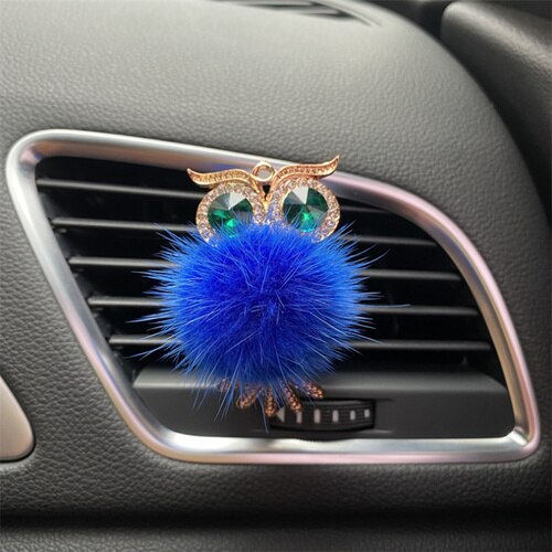 Exquisito perfume de coche en forma de búho de felpa de metal, adornos de diamantes de imitación, perfume de coche: blue