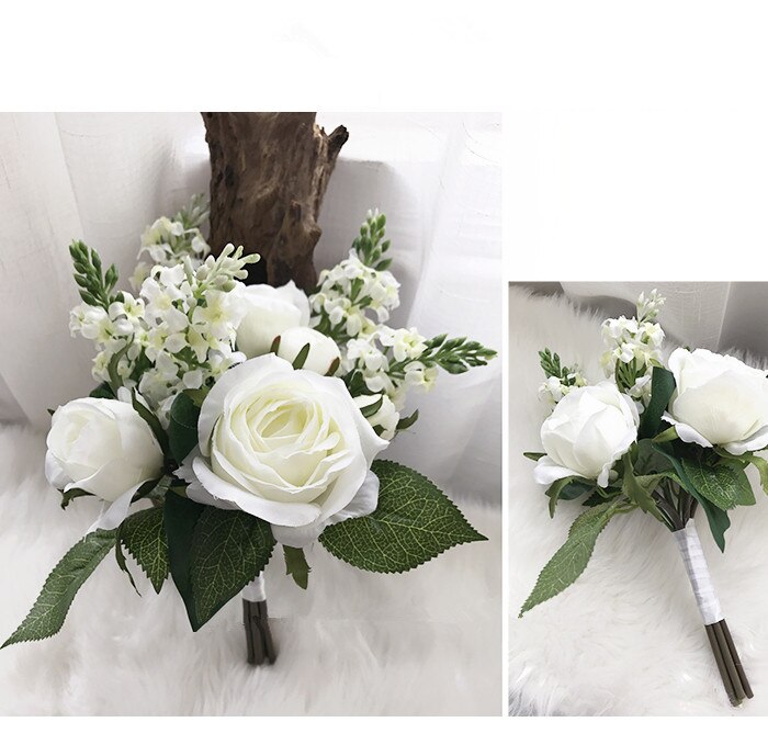 Janevini kunstbloemenmeisjesboeket wit roze blauw roos zijden bruidsmeisjes bruidshandbloemen rood klein bruidsboeket: Wit