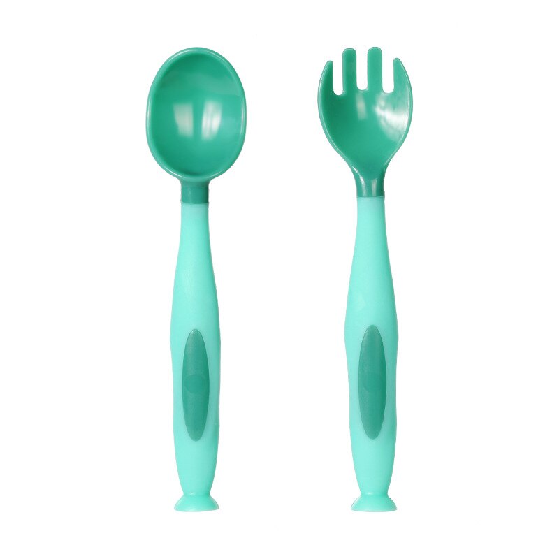 Baby Lepel Baby Leren Eten Training Shilly Lepel + Vork Set Pasgeboren Kinderen Servies Effen Voedsel Kom Gebogen Lepel: Green spoon fork