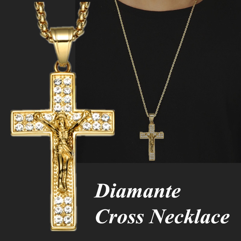 Gouden Kleur Kruis Christus Jezus Hanger Ketting Rvs Link Chain Inlay Cross Ketting Hip Hop Sieraden
