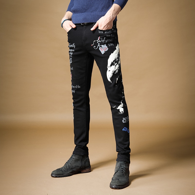 Mænds mandlige denim jeans slank brand street sort trend hip hop personlighed graffiti print sorte denim bukser