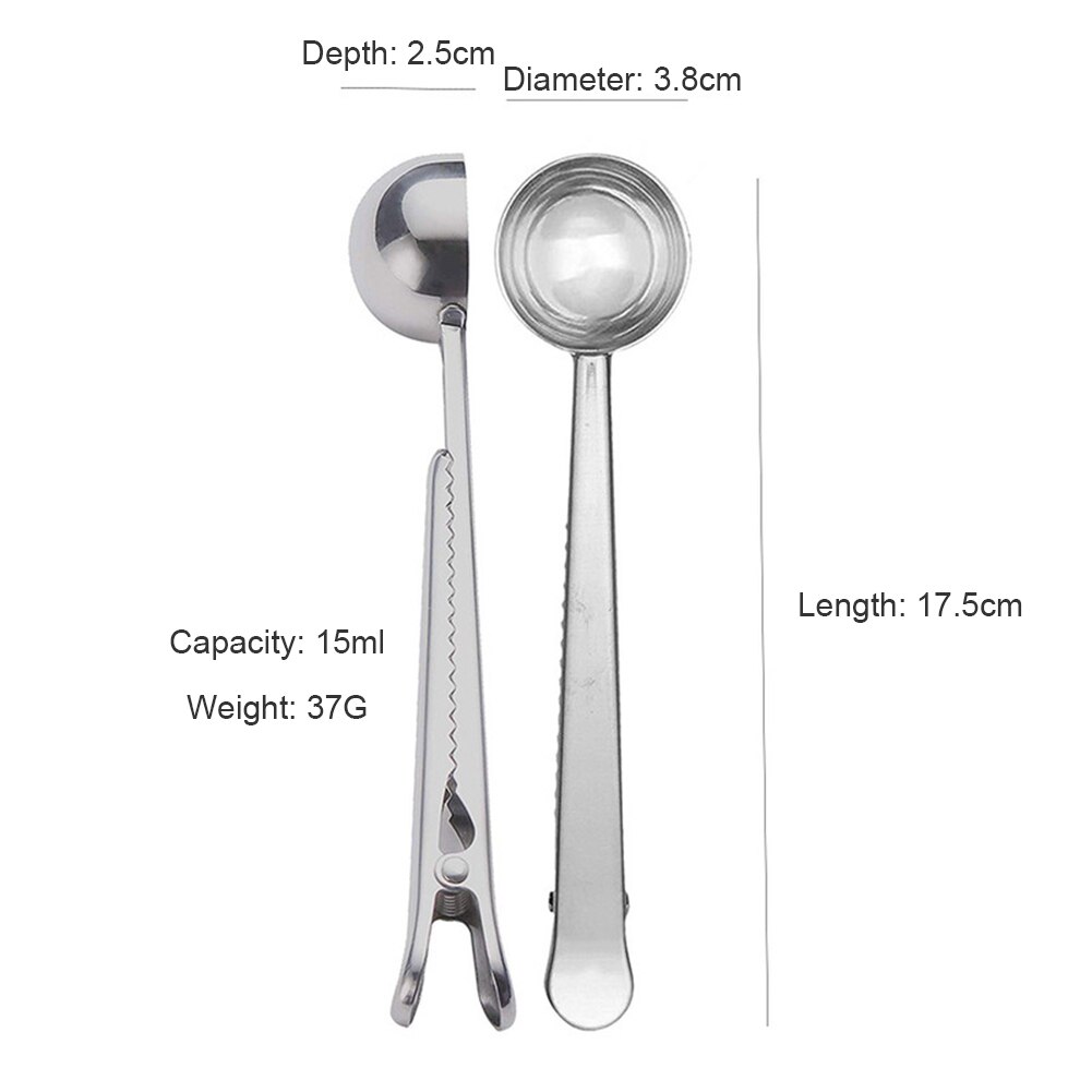 Multifunction Kitchen Utensils Measuring Spoon Anti-Slip Handle Stainless Steel 2 in 1 Seal Clip Coffee Spoon Sugar Cake Scoop