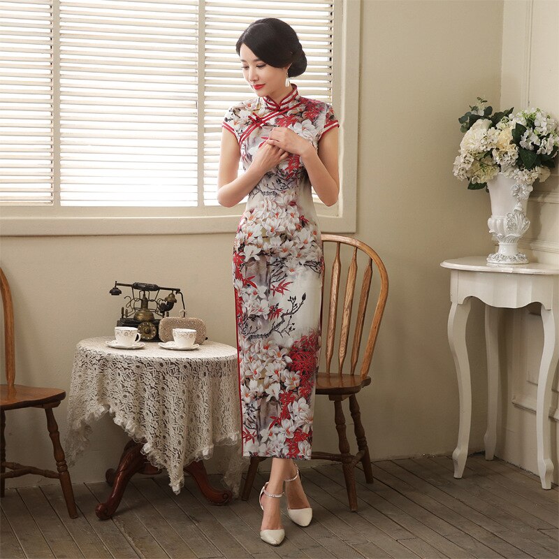 Lange cheongsam retro verbeterd temperament slank chinees kostuum qipao chinese dame lange zijden avondjurk