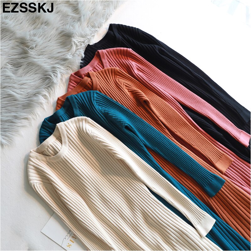 Vestido femenino de punto grueso con manga larga para otoño e invierno, traje básico con cuello redondo para mujer, corte en A, informal