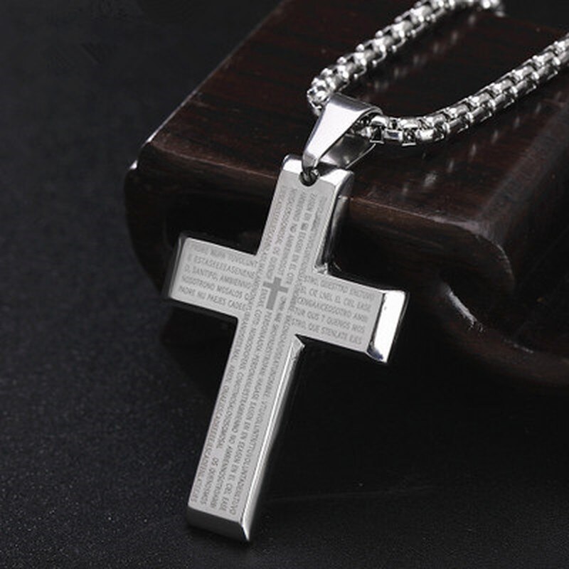 Retro Christian Jesus Single Titanium Scripture Cross Necklace Stainless Steel Black Prayer Choker Cross Pendants For Men Colar