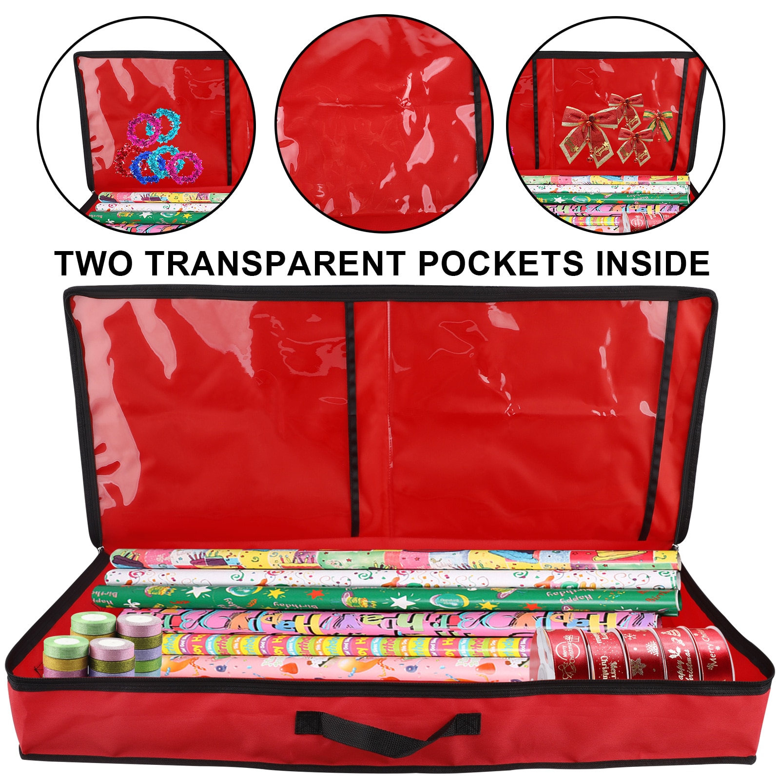 Wrapping Paper Storage Bag Rolls And Ribbon Holder Heavy Duty Tear Proof Christmas Wrap Storage Organizer With 2 Clear Pock