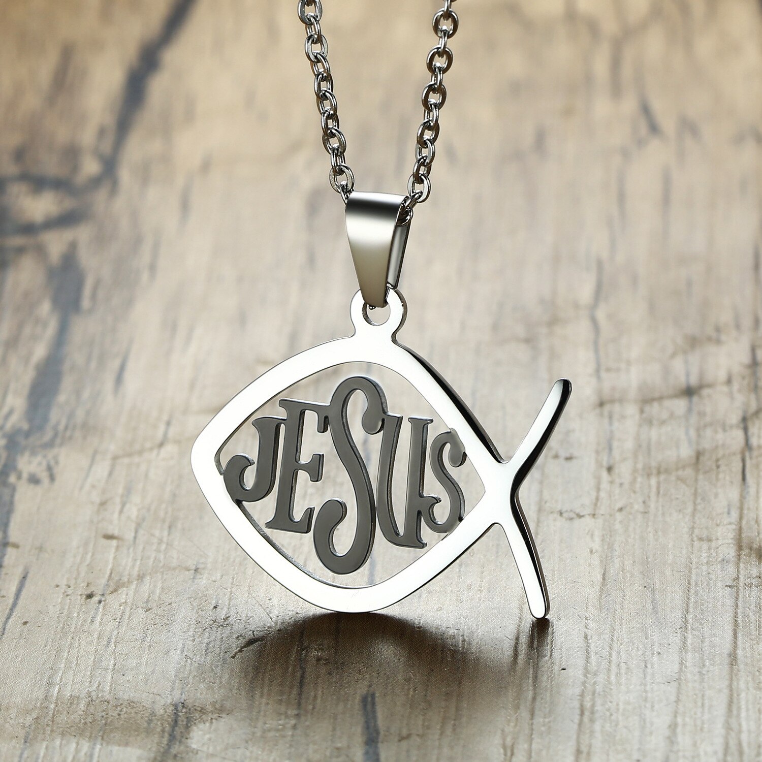 Jesus Fish Pendant Men's Necklaces Stainless Steel Chain Link Christian Necklace Religious for Him