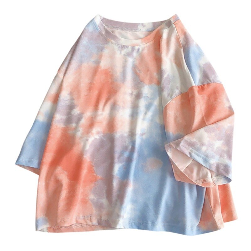 Style Plus sized O-neck Short Sleeve Sports Shirt Women -pang Tie Dye Print Summer Loose Tee Shirt