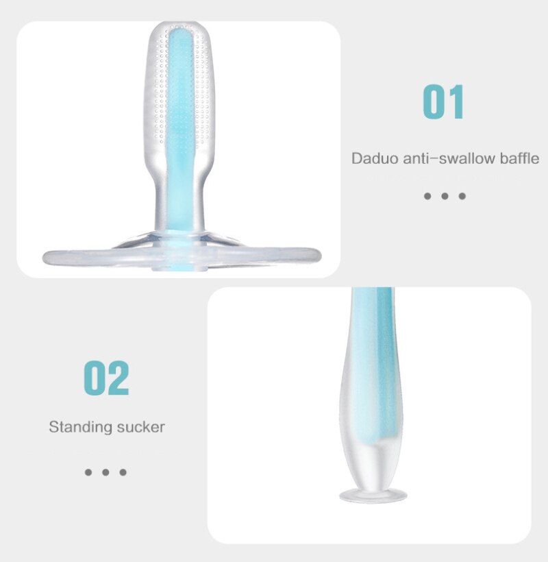 Cepillo de dientes de leche de silicona para entrenamiento de bebé, tres dimensiones con ventosa de pie, cepillo de dientes de silicona con deflector, superventas