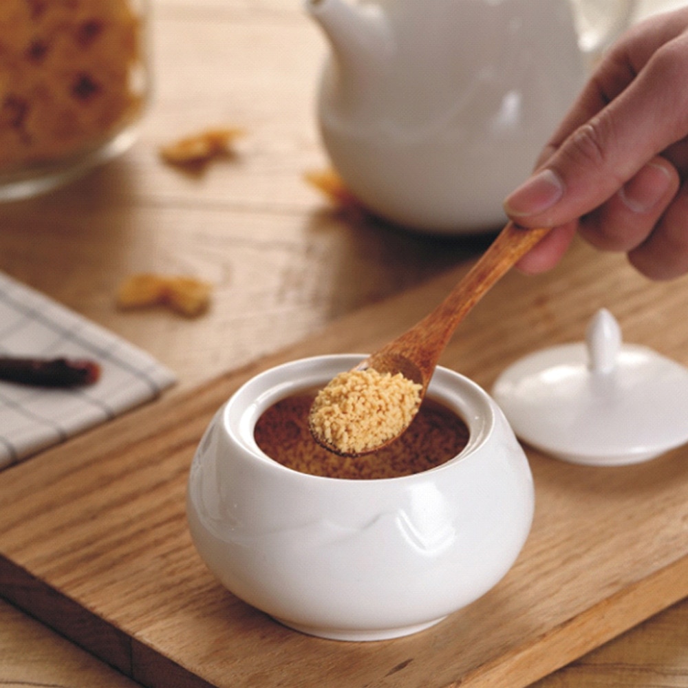 Suiker Kom, Keramische Suikerpot met Deksel en Bamboe Lepel voor Huis en Keuken-Berg , Wit