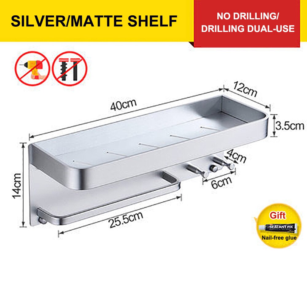 Wall Mount Shower Caddy Holder Bathroom Rack Towel Rail Self Adhesive Bathroom Storage Shelf Kitchen Organizer Rack Wall Shelf: 40cm Silver