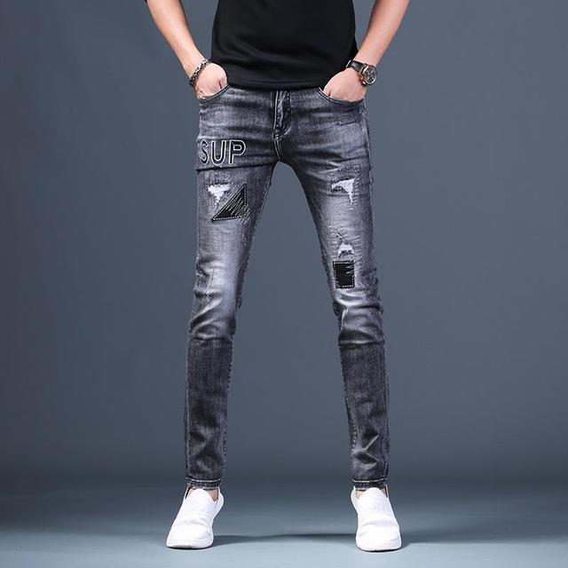 Jean gris déchiré de luxe léger pour hommes, jean de clochard à rayures et coutures, pantalon en Denim extensible de , jean de rue pour hommes: 27