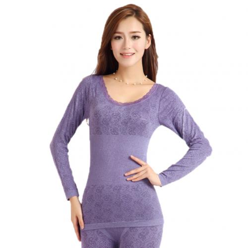 Thermal underwear Thermal women winter Women&#39;s autumn and winter thermal underwear high elastic close O-shirt top pajamas set: Light Purple