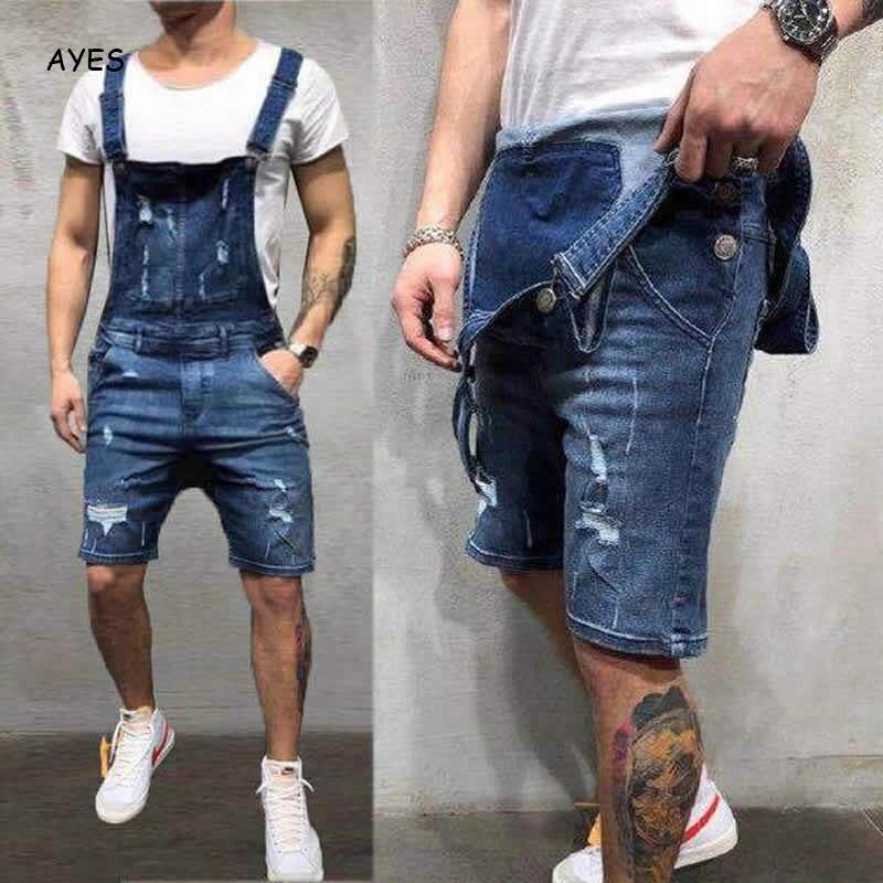 Mode Mannen Korte Ripped Jeans Jumpsuits Shorts Verontruste Shorts Bib Overalls Mens Casual Jarretel Broek Shorts Mannelijke