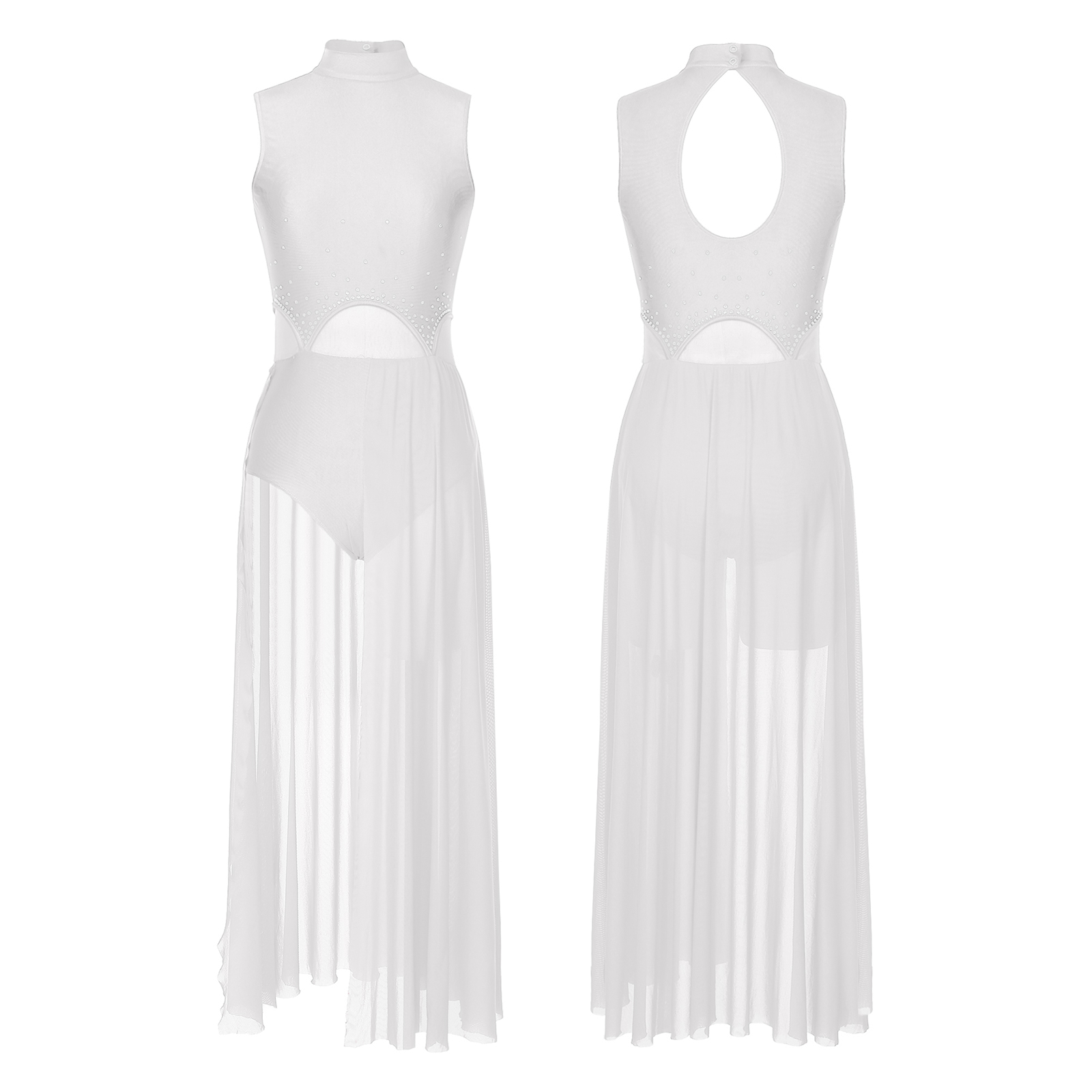 Women Sleeveless Contemporary Lyrical Dance Leotard Dresses High Split Sheer Mesh Skirted Ballet Gymnastics Bodysuit Dancewear: XXL / Blue