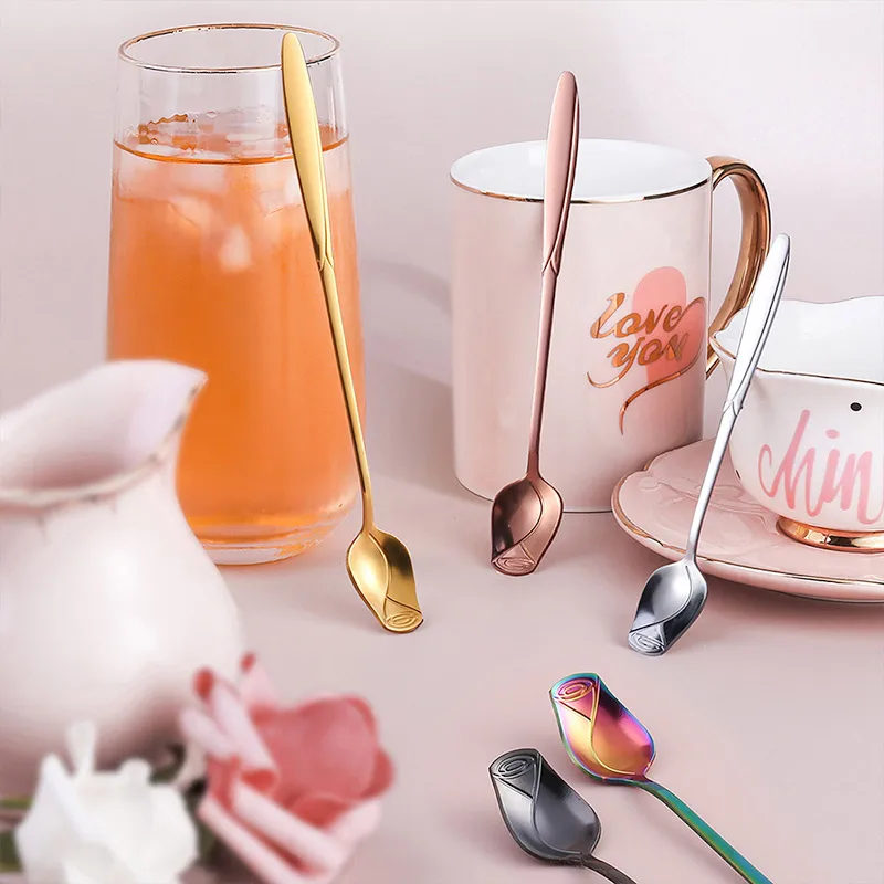 Long Handle Teaspoon Stainless Steel Rose Mixing Spoon Unusual Teaspoons for Dessert Honey Salad Tea Coffee Spoons Year