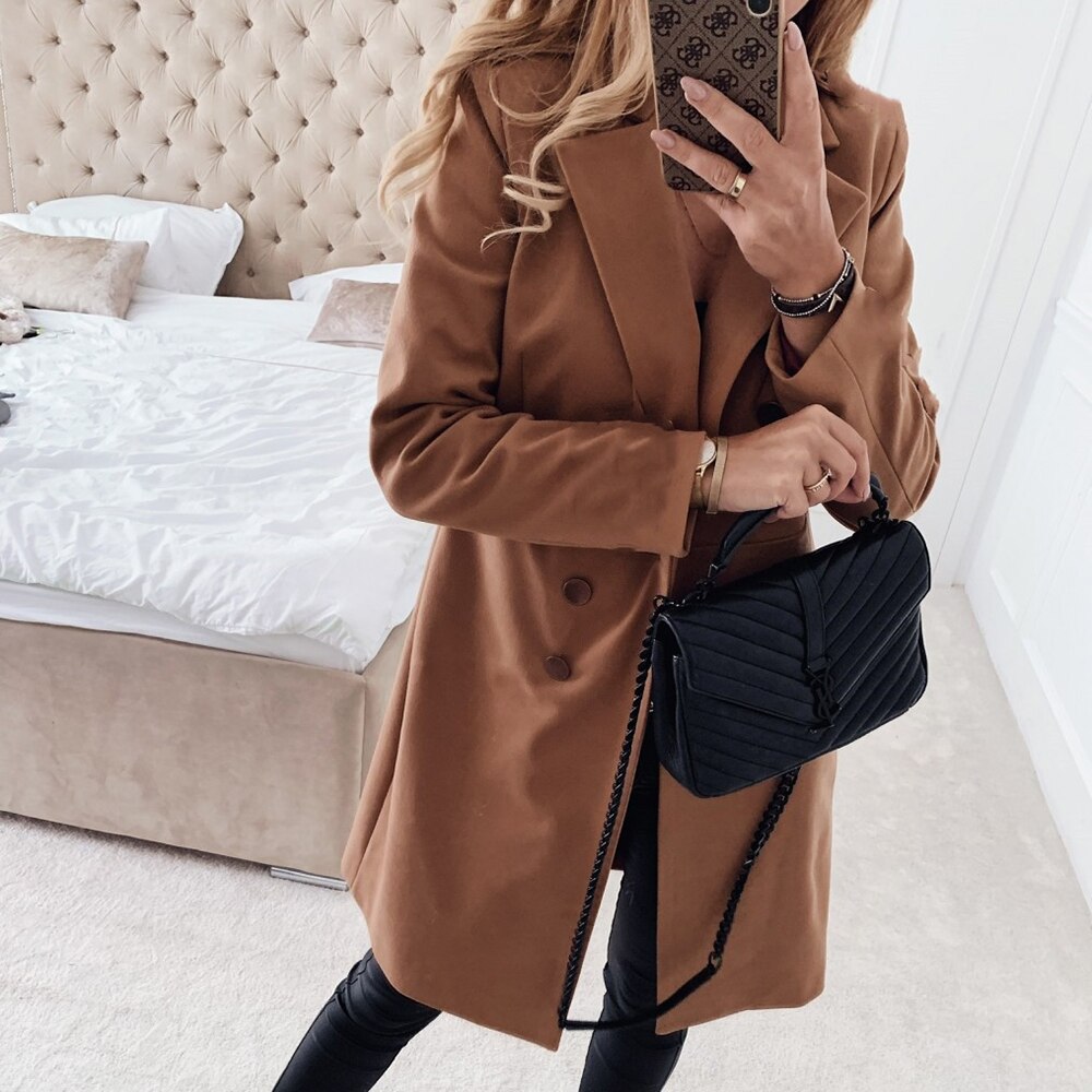 Warm Wool Coats Winter Ladies Solid Color Single Breasted Khaki Woolen Coat Women Female A-Line Long Overcoat D30