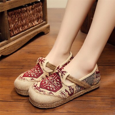 round head cotton and linen national wind shoes summer pedal linen shoes breathable lazy flat shoes: Red / 11