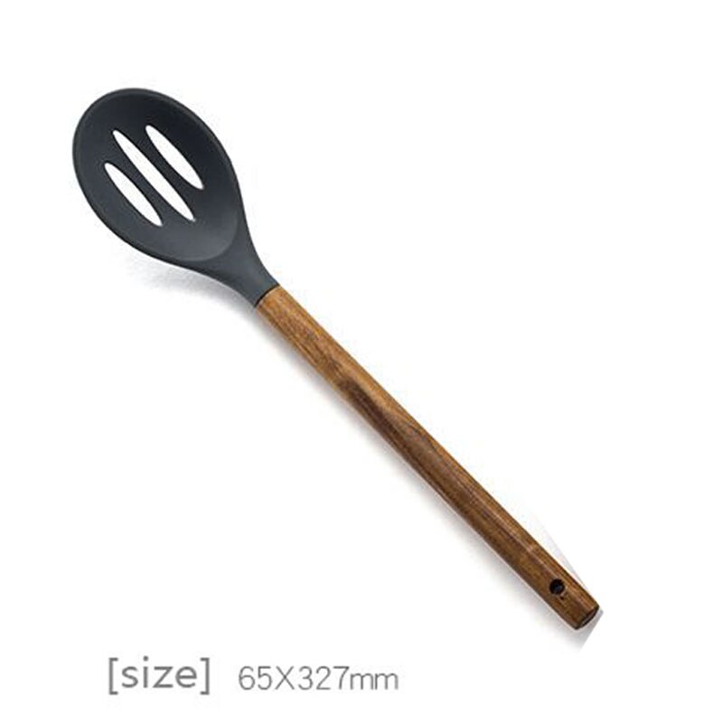 Kitchen Utensils Silica Gel Cooking Spoon Leaky Spoon Acacia Wood Spatula Wooden Handle Silicone Kitchenware Set Spatula: style 1