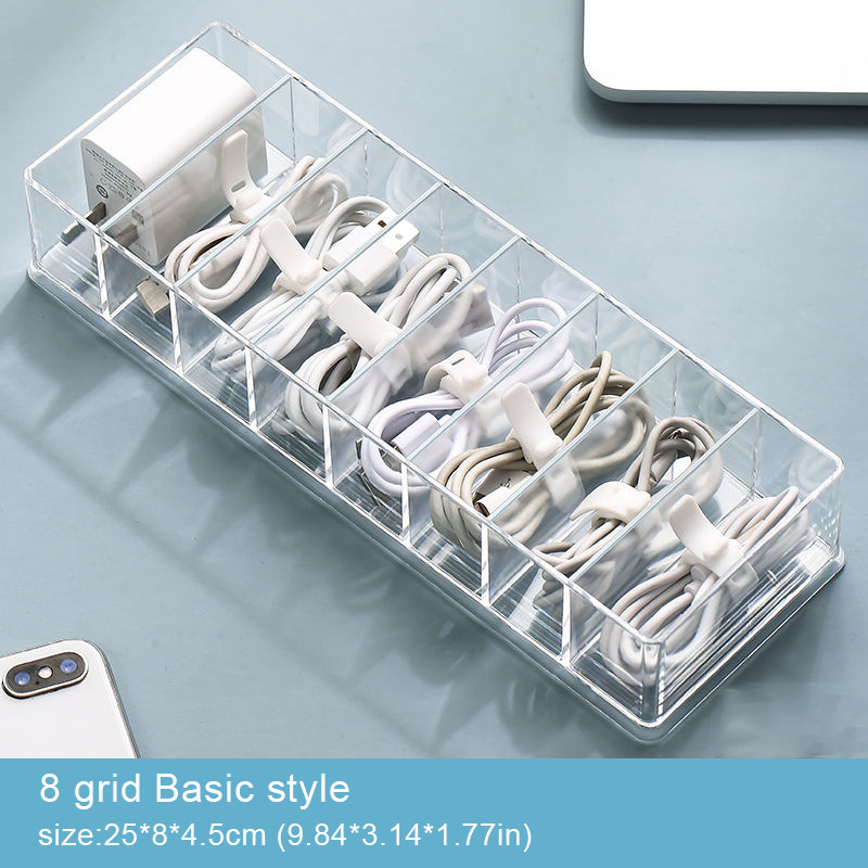 The transparent plastic Data Cable Storage Box household cable MobilePhone Charger Charging Cable Finishing Box Divided Grid Box