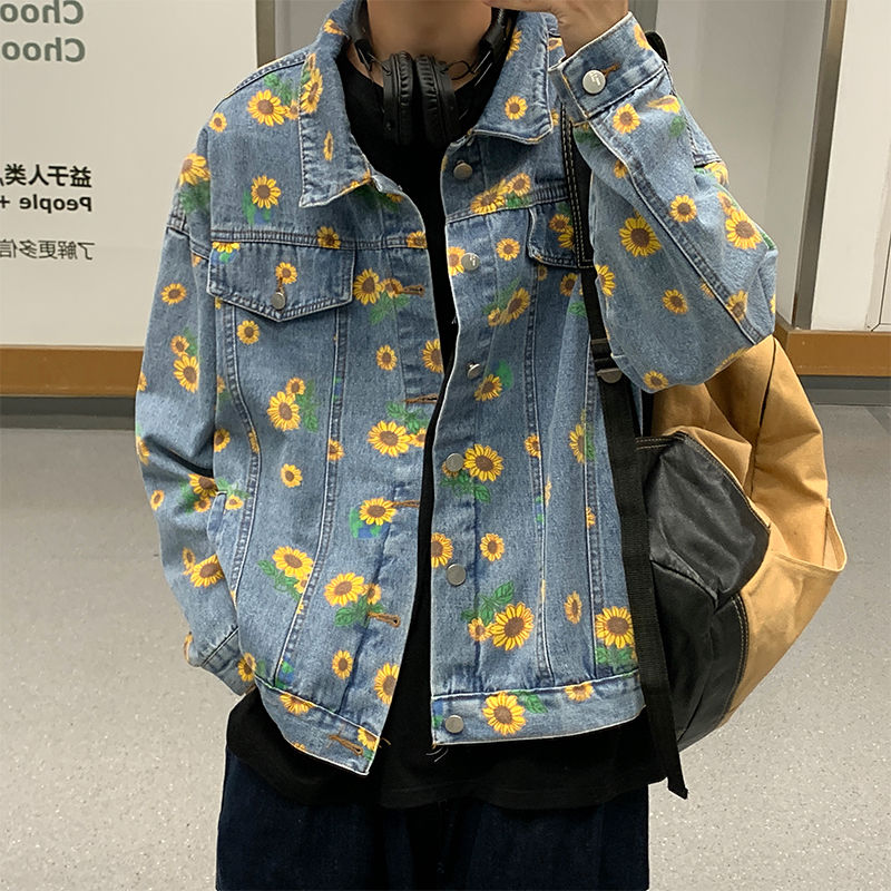 Efterår koreansk blomst denim jakke herre & #39 ;s afslappet retro denim jakker herre streetwear vild løs hip-hop bomber jakke herre