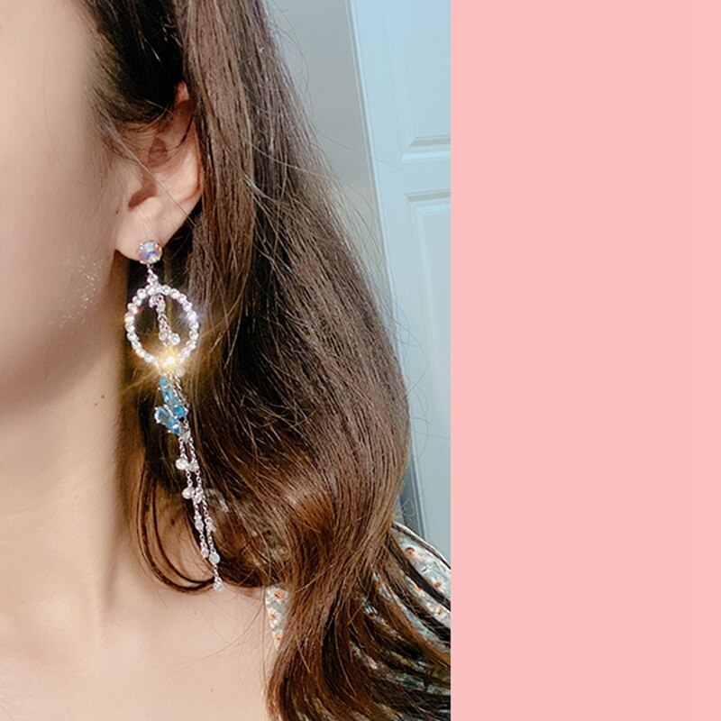 MENGJIQIAO Koreanische Elegante Metall Schmetterling Kristall Ohrringe Für Frauen Mädchen Asymmetrische Pendientes Schmuck