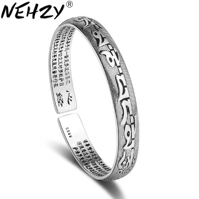 Nehzy S999 Stempel Zilver Vrouw Boeddhistische Geschriften Armband Mannen Klassieke Retro Zes Woorden Mantra Open Armband Sieraden