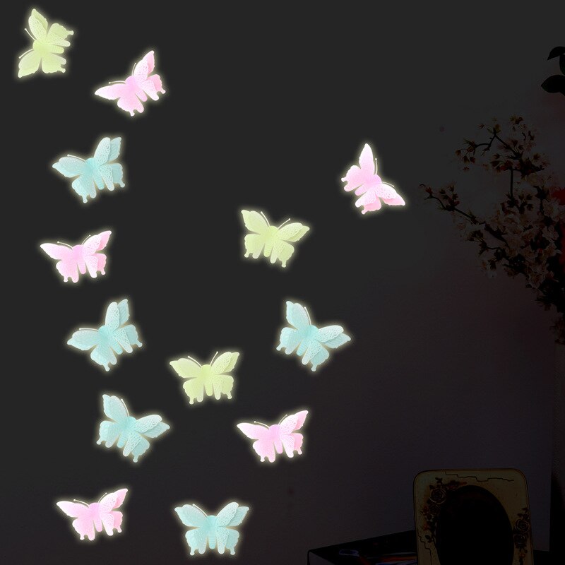 6 pcs/ pack Three-dimensional Butterfly Luminous Toy Glow in Dark Toys Room Stickers for Kids Bedroom Random color