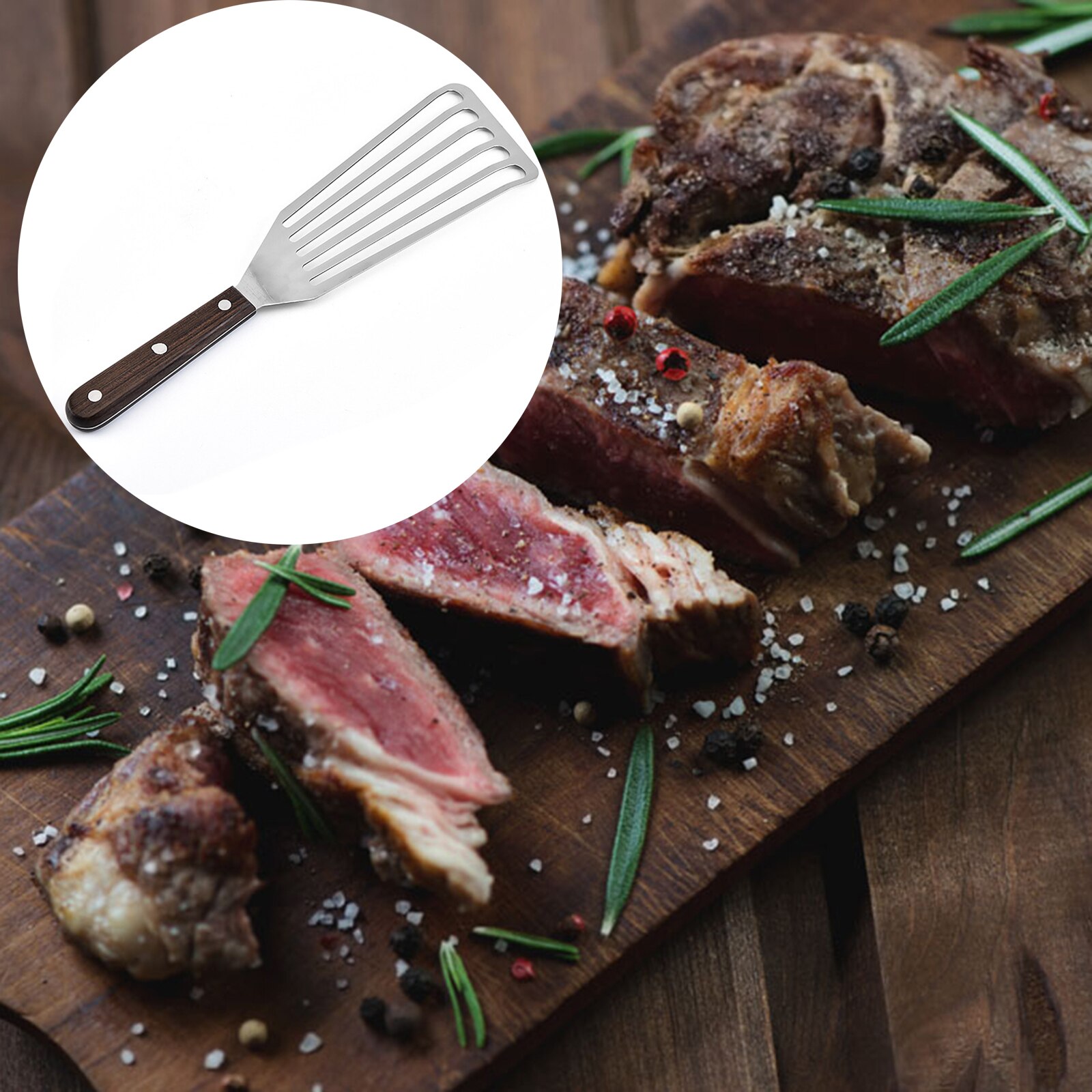 Espátula ranurada para pescado, espátula para pescado, cocina, freír, mango de madera de acero inoxidable para carne, herramienta de barbacoa, espátula multiusos para carne, 2 uds.