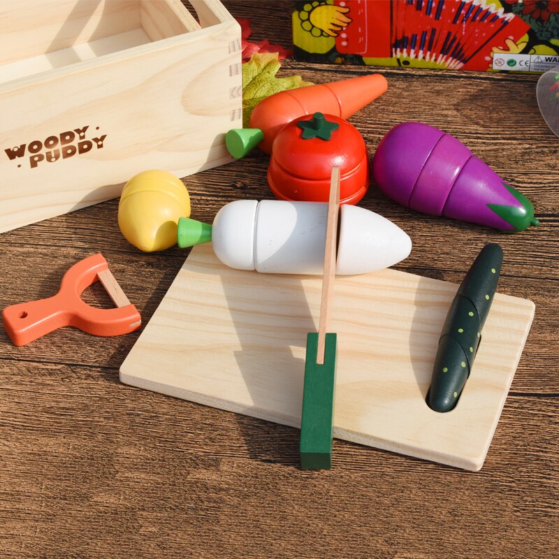 Holz Box Gemüse Schneiden Set Holz Spielzeug Für Kinder Simulation Obst/Fisch/Dessert Spielen Haus Pädagogisches: Vegetable