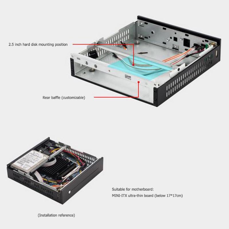 E-T3 Mini-ITX Case Ultra Slim 0.8mm SECC USB2.0 Desktop Computer PC Chassis Support Wall Mount Computer Accessories Black