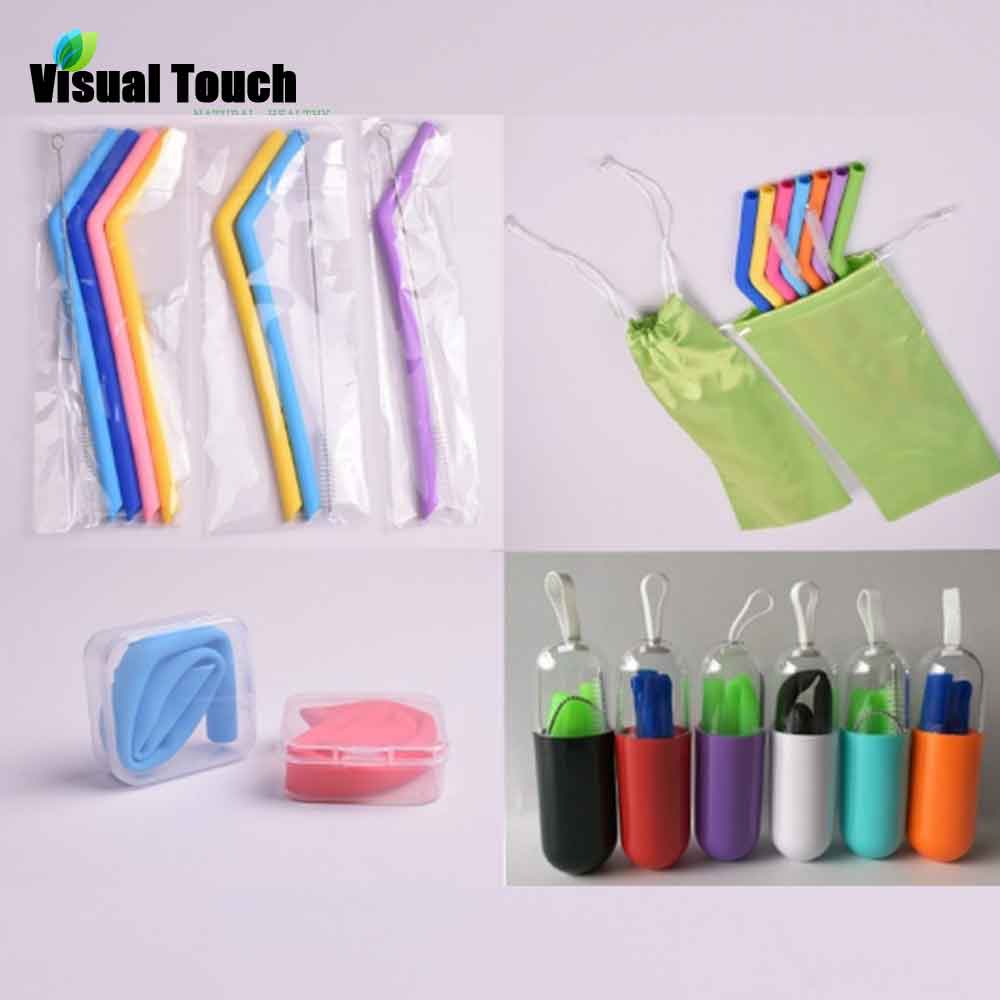 Visual Touch Reusable Silicone Straws Silicone Straws Drinking Cleaning Brush Carrying Case Party Supplies