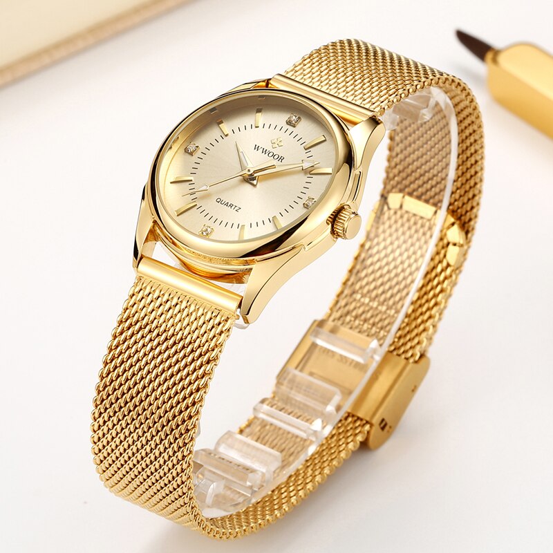 Zegarek Damski Vrouwen Horloges Wwoor Top Luxe Gold Quartz Klok Dames Golden Mesh Elegante Armband Horloge Vrouwen Relogio Feminino