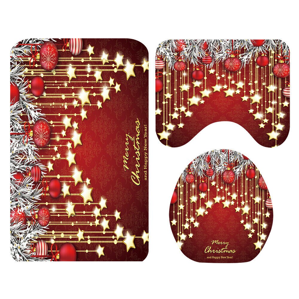 Christmas 4pcs Bathroom Shower Curtain Set Printed Santa Claus Bath Water Absorbing Toilet Polyester Cover Mat Home Decor: star shower curtain