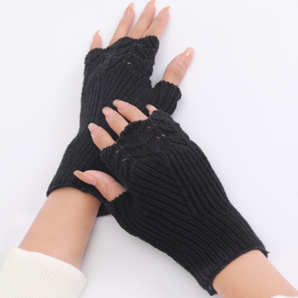 Woman Ladies Fingerless Gloves Winter Warm Soft Knitted Mittens ST007: Black