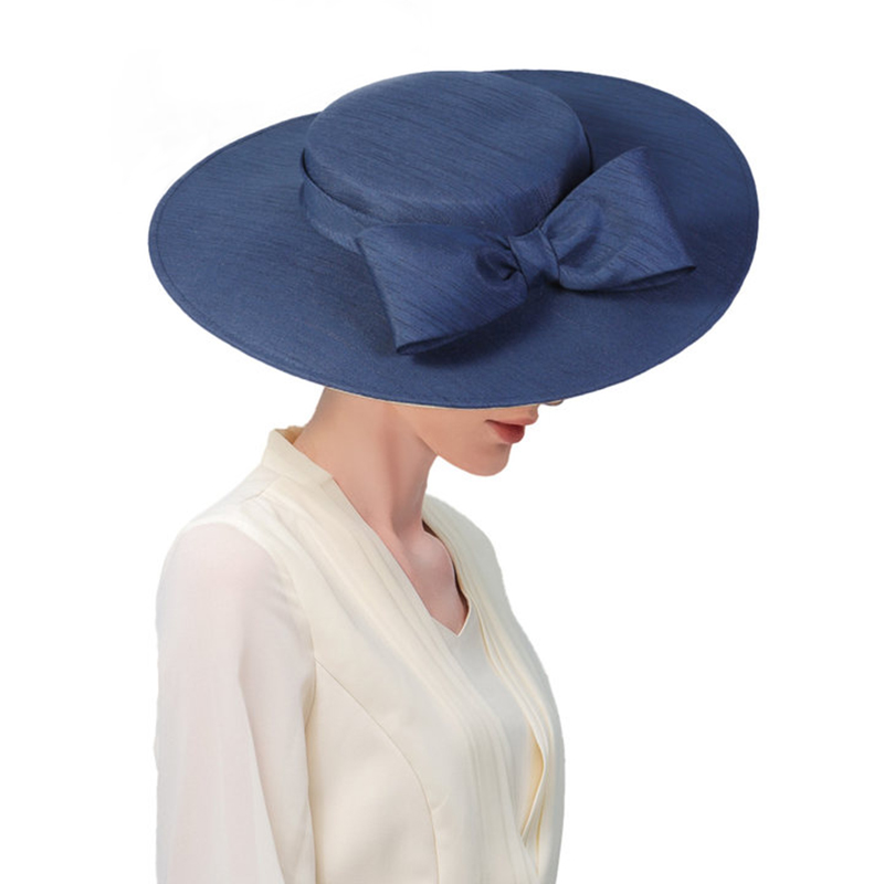 Tocados de ala ancha para iglesia, sombreros para mujer, lazo grande, gorra Formal de Kentucky, sombrero de fieltro plano para de té nupcial y boda: Azul cielo