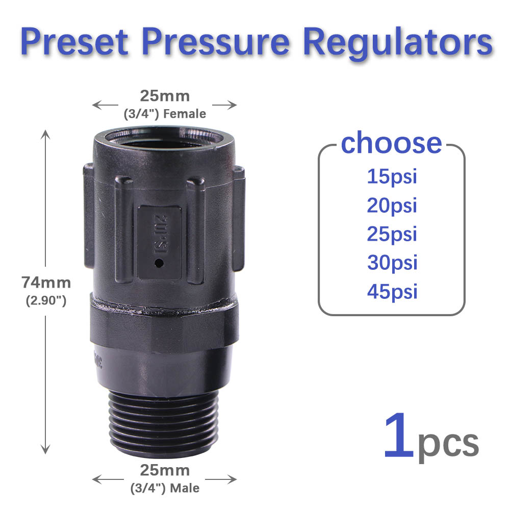 Jardim Rega Irrigation System Fittings, redutor de pressão, reduz a entrada de água 3/4 "Thread, 15 PSI, 20 PSI, 25 PSI, 30 PSI, 45PSI: 3/16''