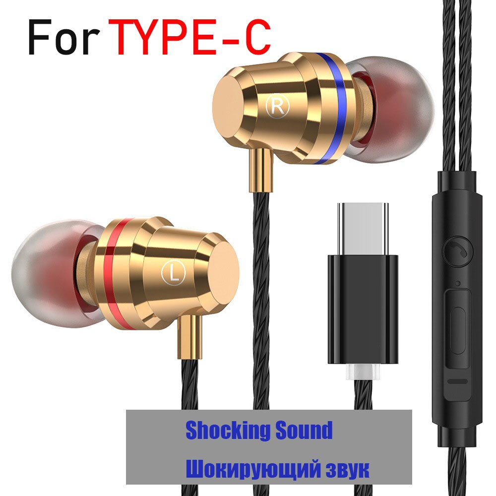 Metal Earphones Type C Headphones Bass Earphone 3.5mm Usb C Ear Buds auriculares fone de ouvido for Xiaomi Mi 10 Pro 9 huawei: typc gold