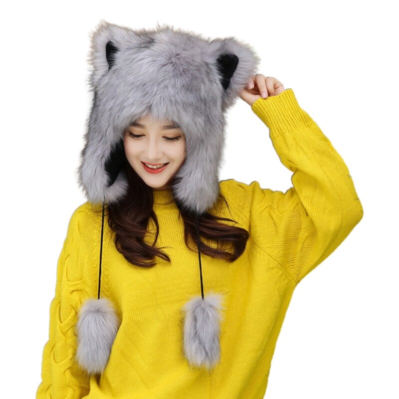 Las mujeres de invierno suaves peludos trampero sombrero lindo orejas de gato peludo Animal de la felpa con orejeras a prueba de viento orejera térmica: GY
