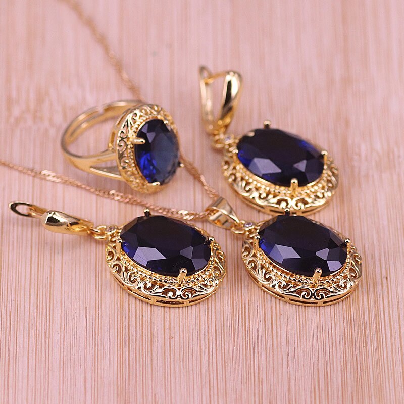 Risenj Dubai Luxe Stijl Vele Kleuren Grote Rode Steen Goud Kleur Sieraden Voor Vrouwen Verstelbare Ring Ketting Set: blue