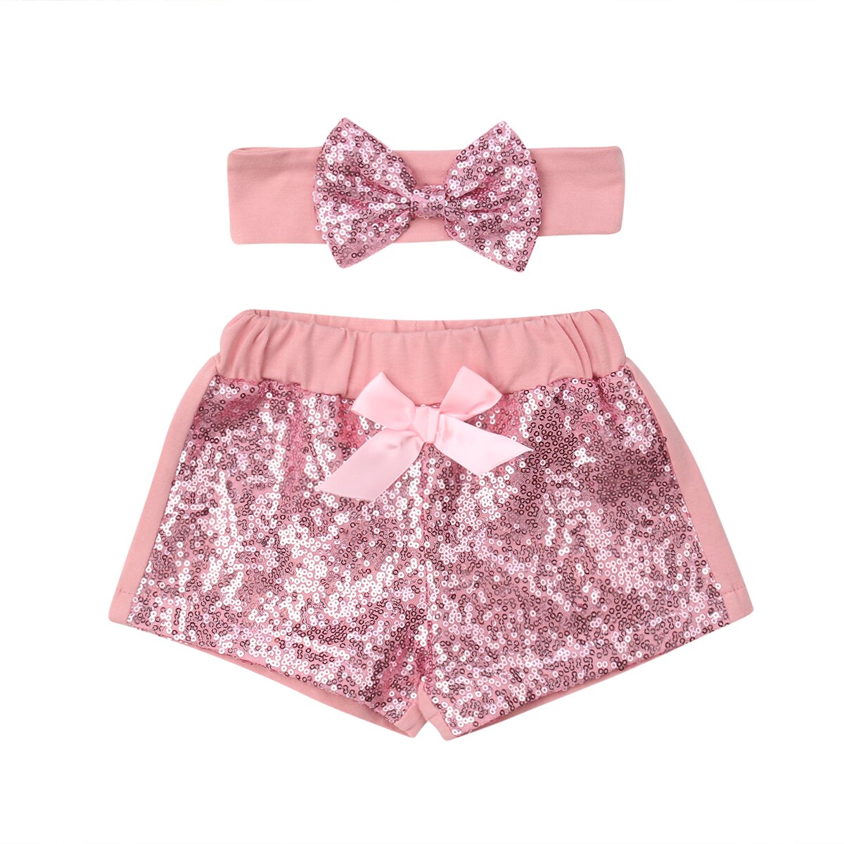 Peuter Sequin Korte Kids Baby Girl Boog-knoop Party Bling Shorts Bottoms Pailletten Broek Hoofdband Kinderkleding: Roze / 2T