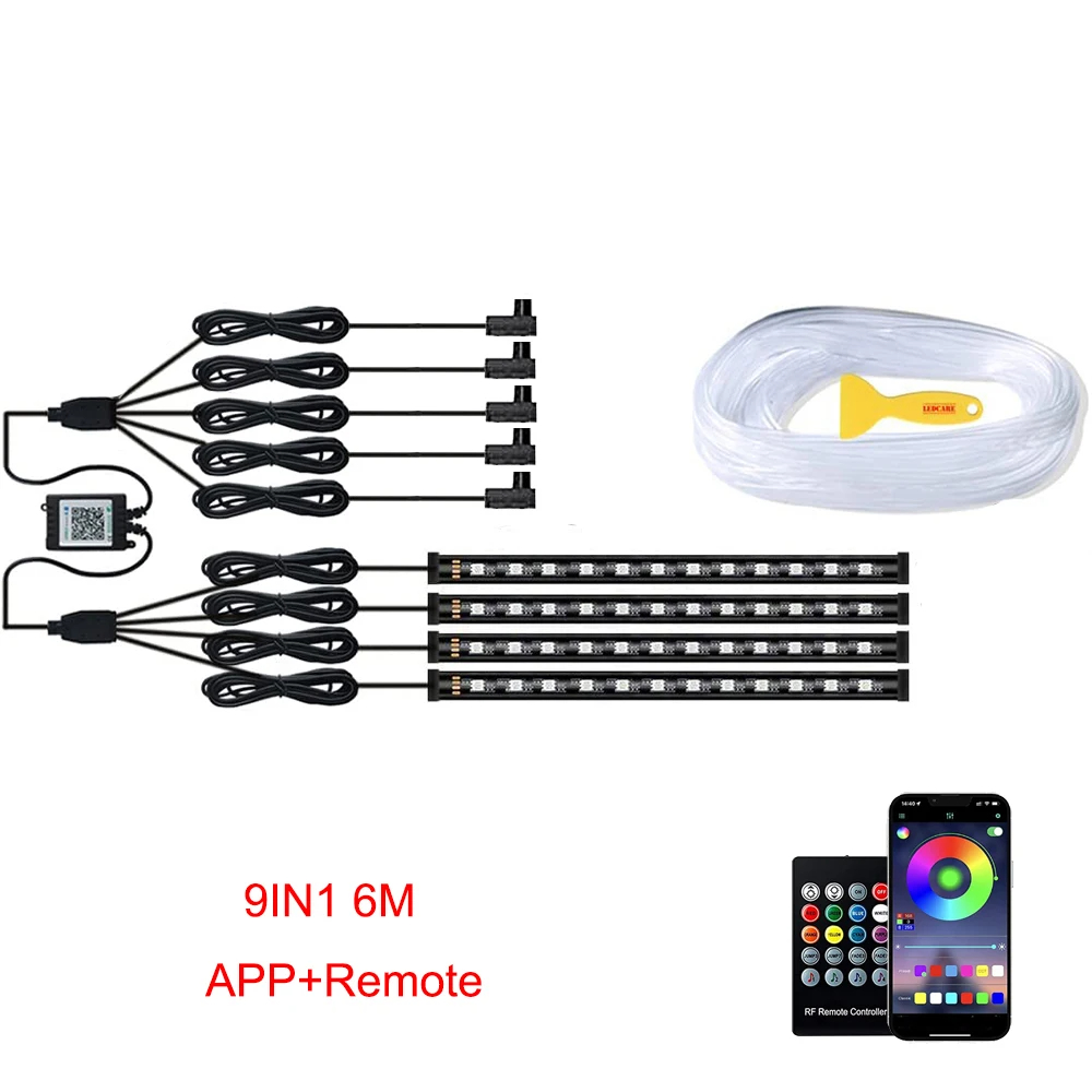 Iluminación LED ambiental de neón para coche, 6 en 1, 8m, RGB, tira de luz Interior de ambiente, Control por aplicación de fibra óptica, Lámpara decorativa LED automática: Marfíl / Azul