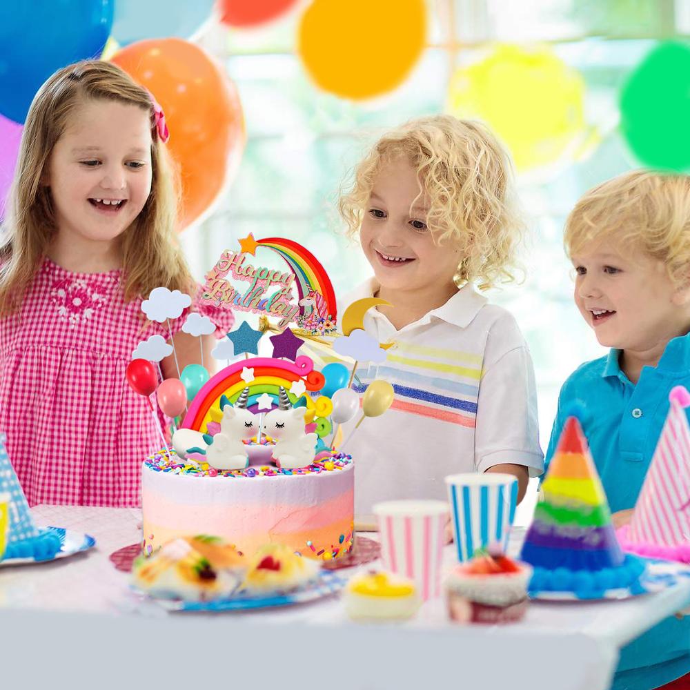 Fanhaus enhjørning kage topper sæt sky regnbue ballon tillykke med fødselsdagen banner banner kage dekoration dreng pige børn fødselsdag