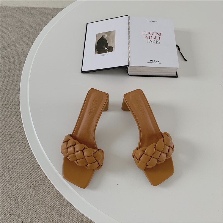 Kvinnor skor tofflor klackar fyrkantig tå låg slides godis färger hög mjuk block pu tyg grundläggande rom blommig gummi pumps