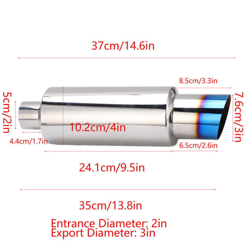 exhaust pipe connector exhaust Exhaust Muffler Blue 2in‑Inlet 3in‑Outlet Stainless Steel Silencer Cotton Universal