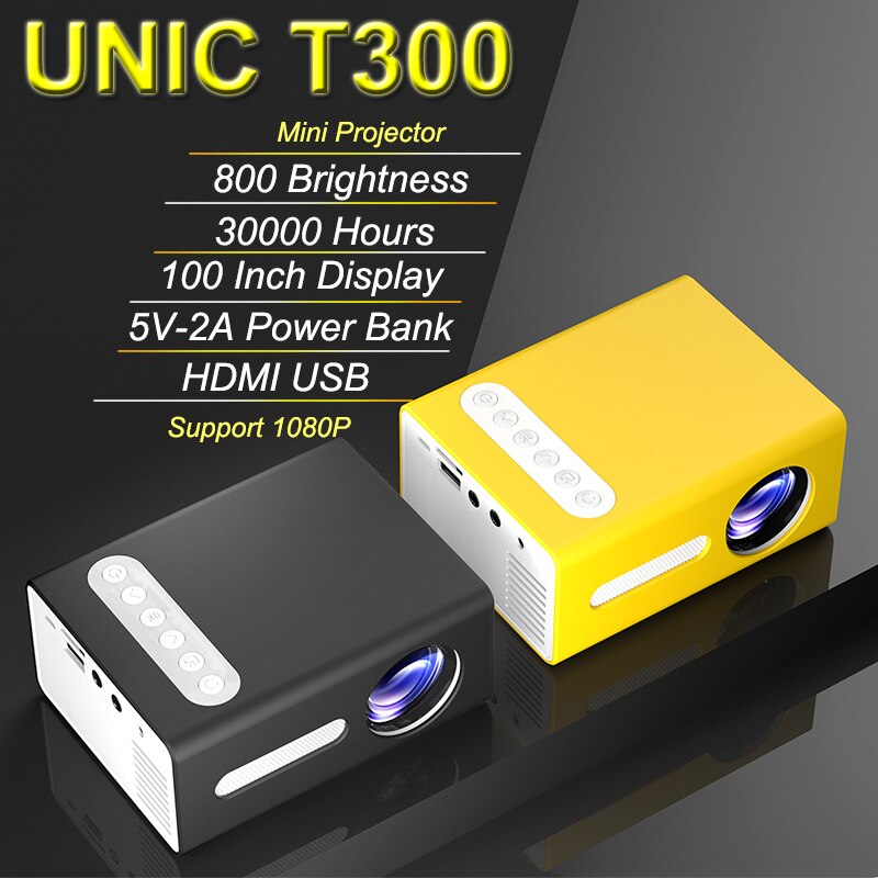 Unic  t300 led mini-heimkino-projektor, mediaplayer mit unterstützung für 1080p videos, tragbarer taschenprojektor vs.  yg300 hd projektoren