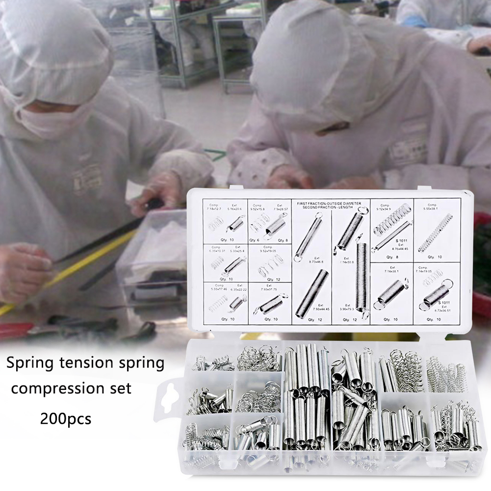 200 st metallstål spänningsförlängning och kompressionstryck med förvaringsbox reparationer spiral bärbar hårdvara verktygsfjäder set