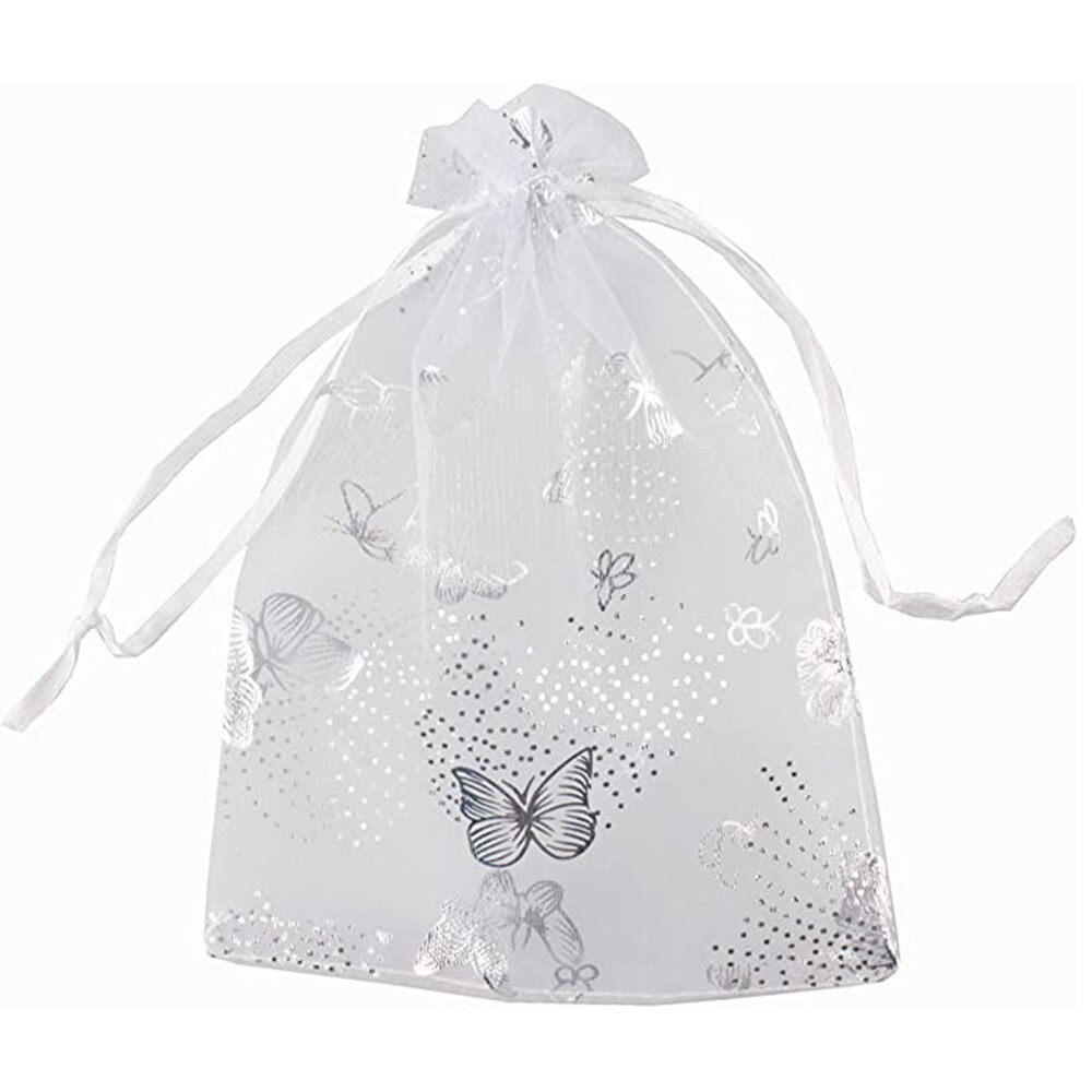 100 PCS 10 Colors Jewelry Butterfly Organza Bag 10x12cm Wedding Christmas Voile Organza Packing Drawstring Bag Pouch: White